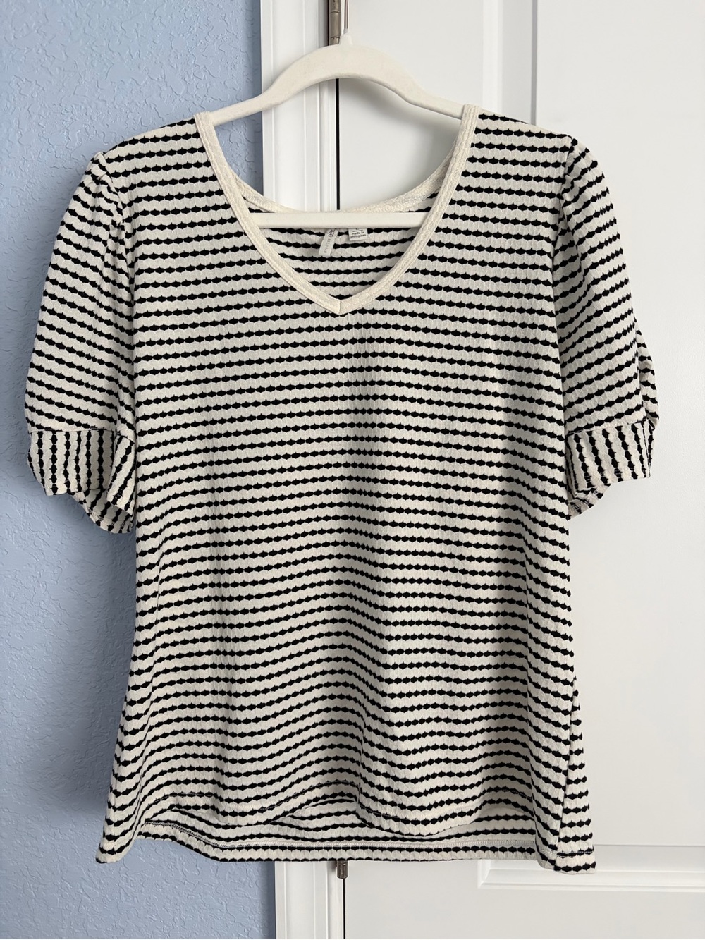 Cato Black & Cream Striped V-Neck Top